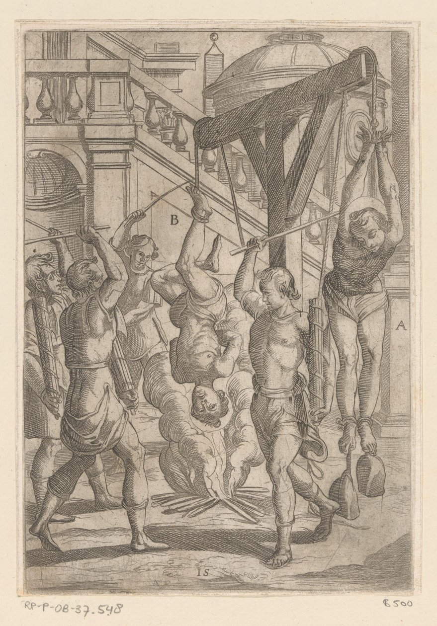 Verbranding ondersteboven hangend en slaan da Antonio Tempesta