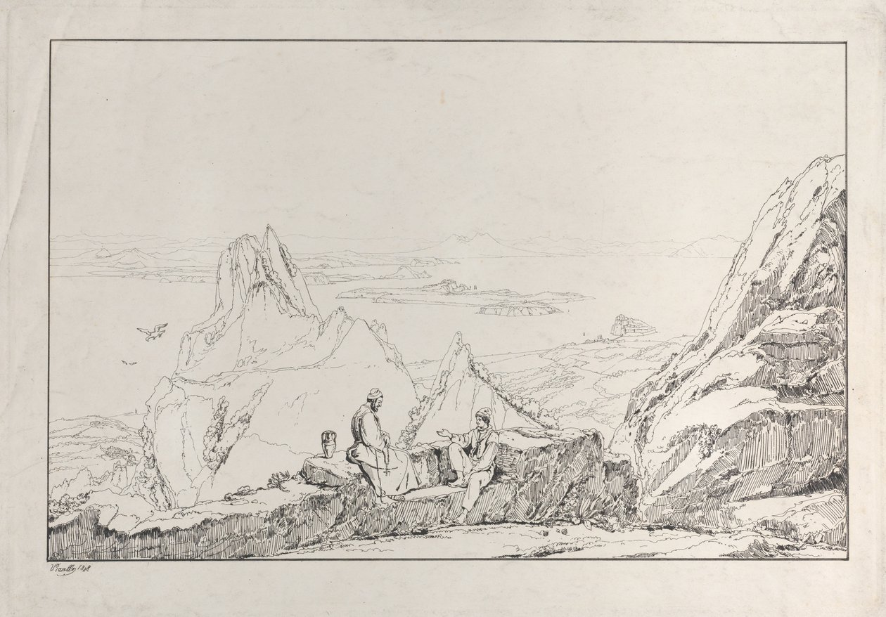 Paesaggio montuoso con due uomini in primo piano da Antonio Vianello