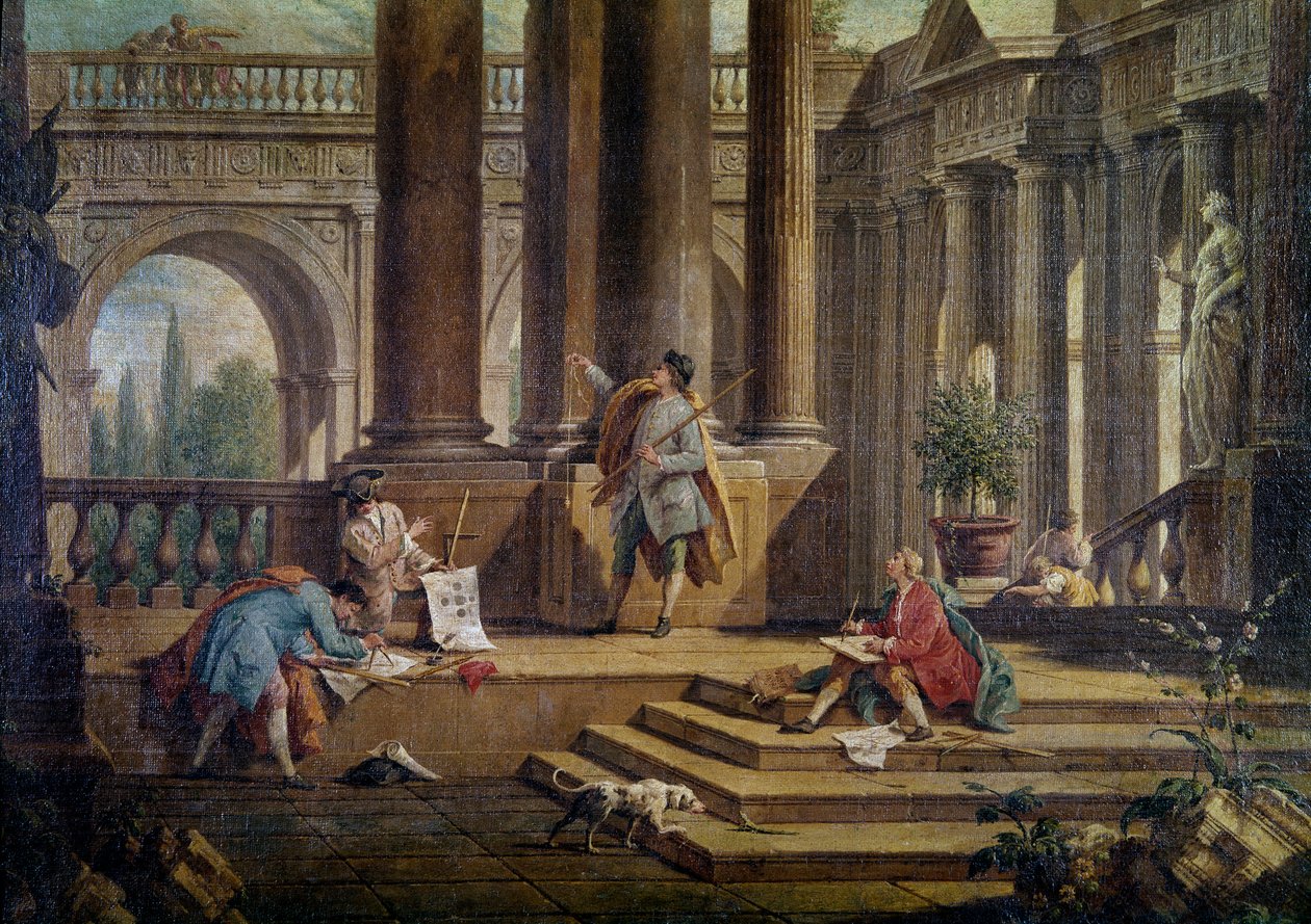 Lavori di restauro di una villa. Architetti al lavoro (dettaglio) da Antonio Visentini