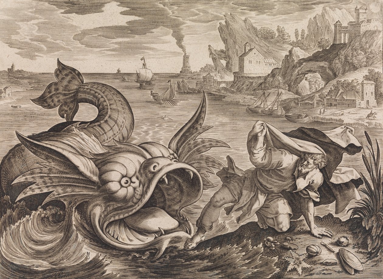 Giona gettato a riva dal pesce, ca. 1585 da Antonius Wierix