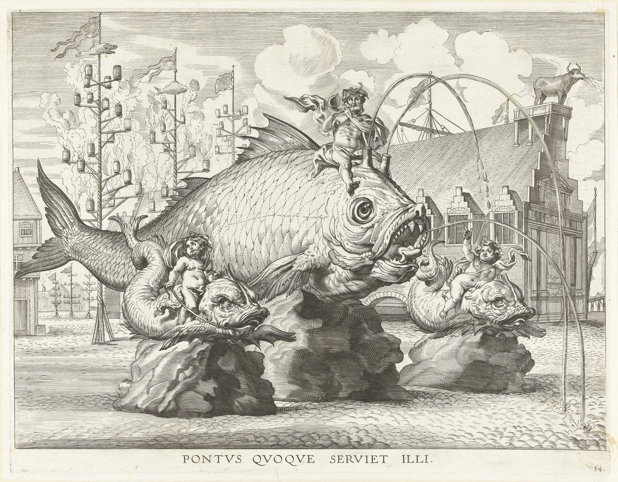 Spettacolo con Tritone su un pesce gigante; ingresso di Ferdinando a Gand nel 1635 da Antony van der Does