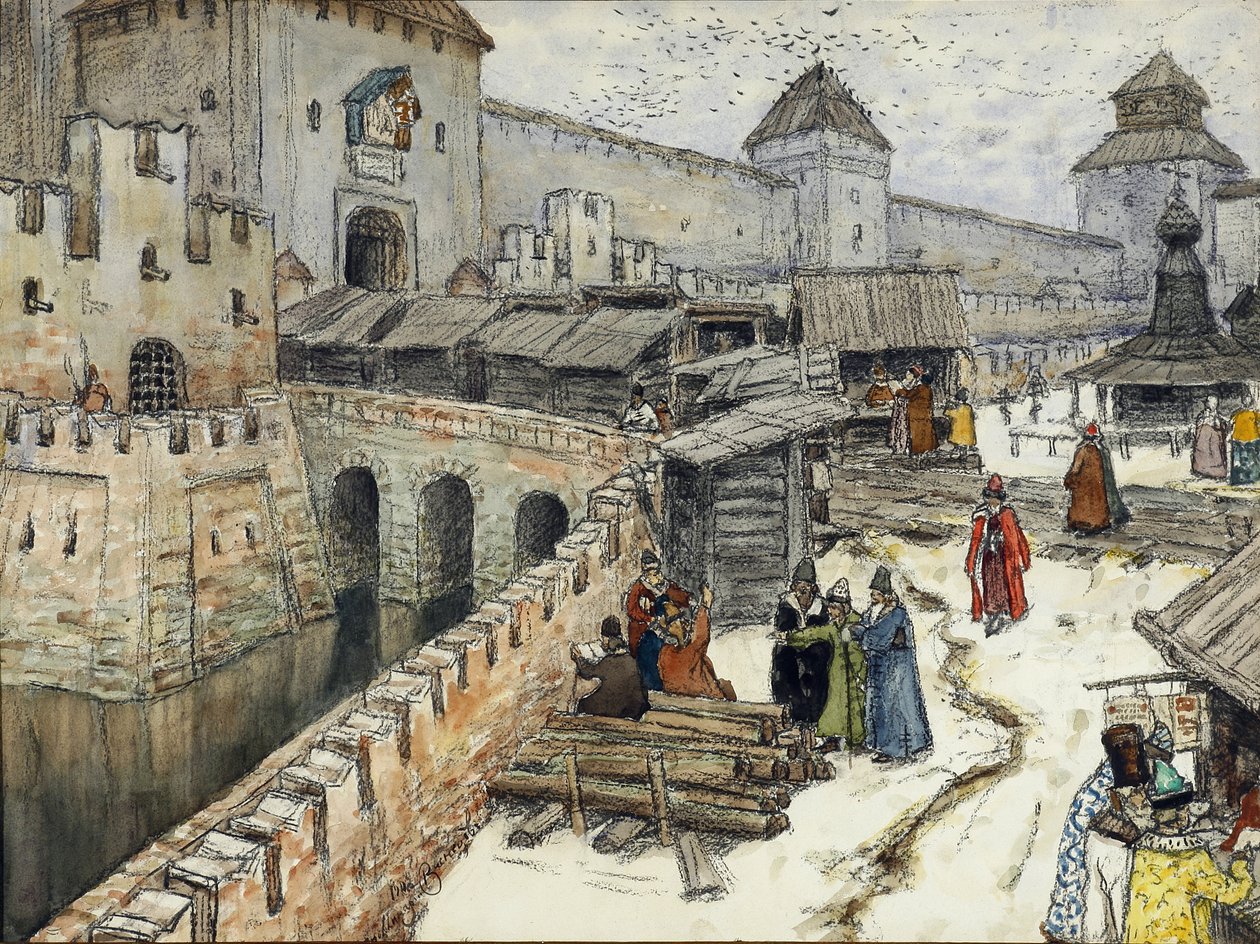 Mosca nel XVII secolo. Librerie sul ponte del Cristo Salvatore, 1902 da Apollinari Mikhailovich Vasnetsov
