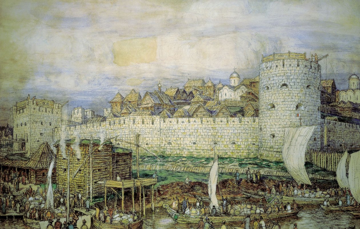 Probabile vista del Cremlino di pietra bianca di Dmitry Donskoy. Fine del XIV secolo da Apollinari Mikhailovich Vasnetsov