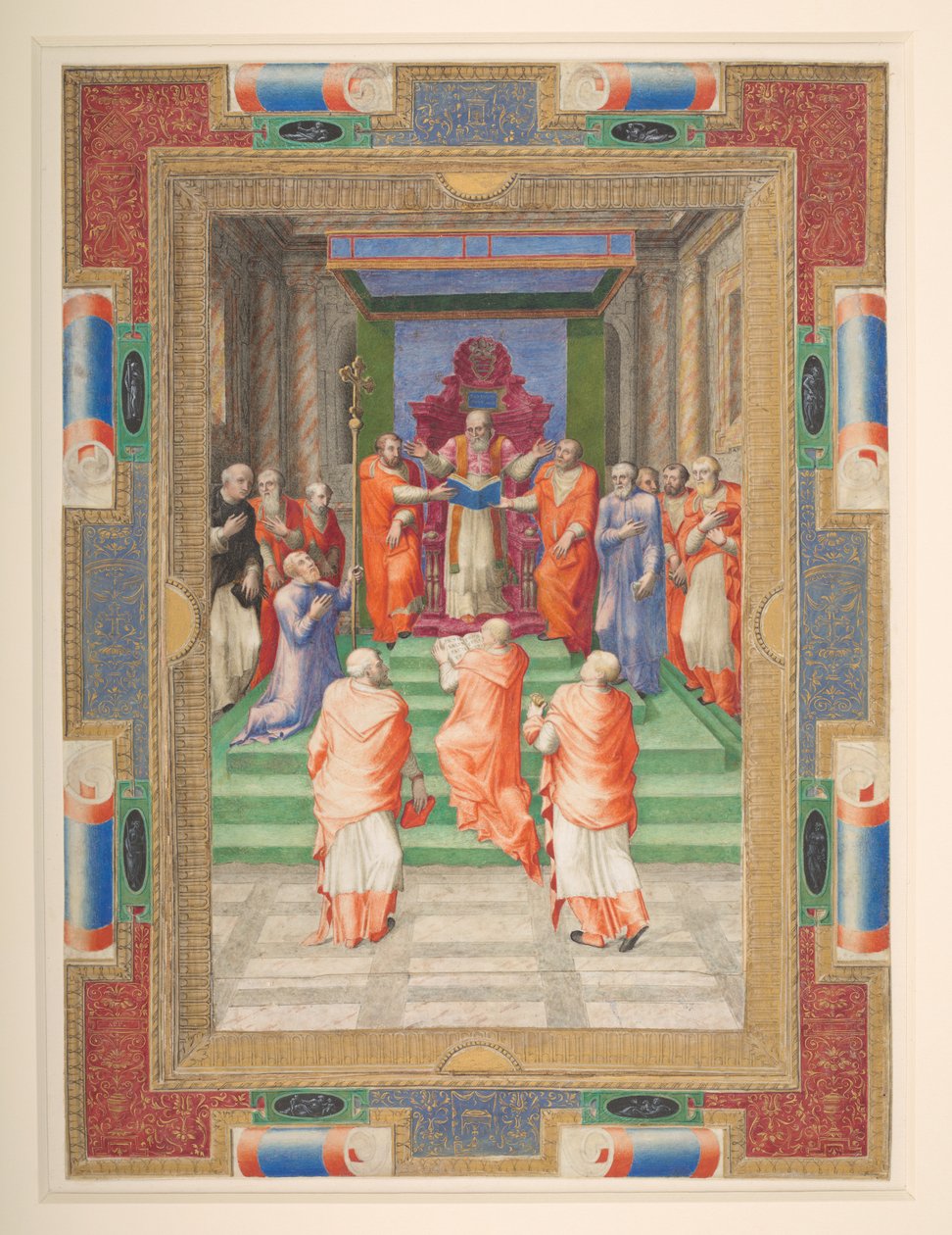 Una cerimonia papale, Paolo IV davanti al trono papale, Add. MS 35254 Q, c.1555-59 da Apollonio di Bonfratelli