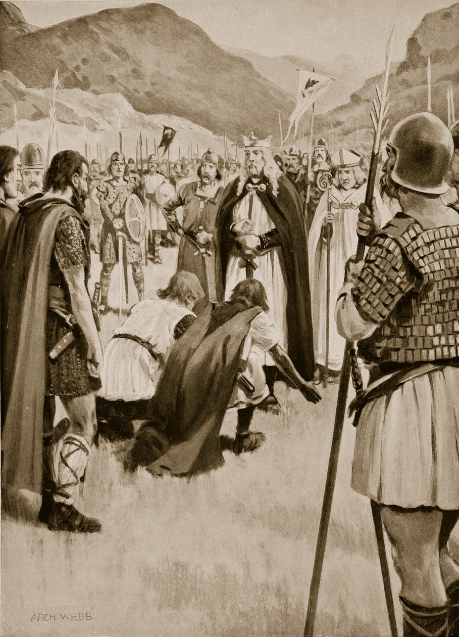 Il Consiglio di Dacor, 926, quando Athelstan scacciò Guthfrith il giovane re della Northumbria danese, illustrazione da 