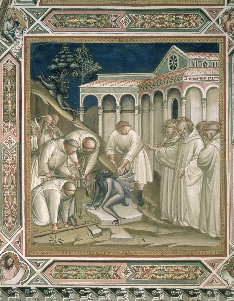 La Pesante Pietra, dettaglio dalla Vita di San Benedetto, nella Sacrestia, 1387 da Aretino Luca Spinello or Spinelli