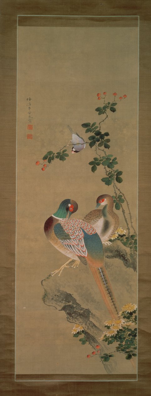 Fagiano, ciuffolotto, fiori e roccia, c.1800 (inchiostro e colori su seta) da Ariwara Baikei