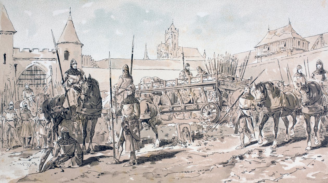 Cavalleria e soldati di fanteria con carro trainato da cavalli che trasportano armi e rifornimenti durante il XIII secolo, 1886 da Armand Jean Heins