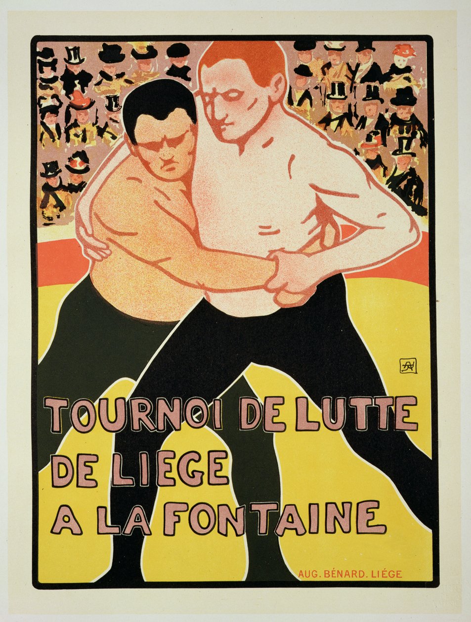 Riproduzione di un poster che pubblicizza un torneo di wrestling, alla Fontana, Liegi, Belgio, 1899 da Armand Rossenfosse