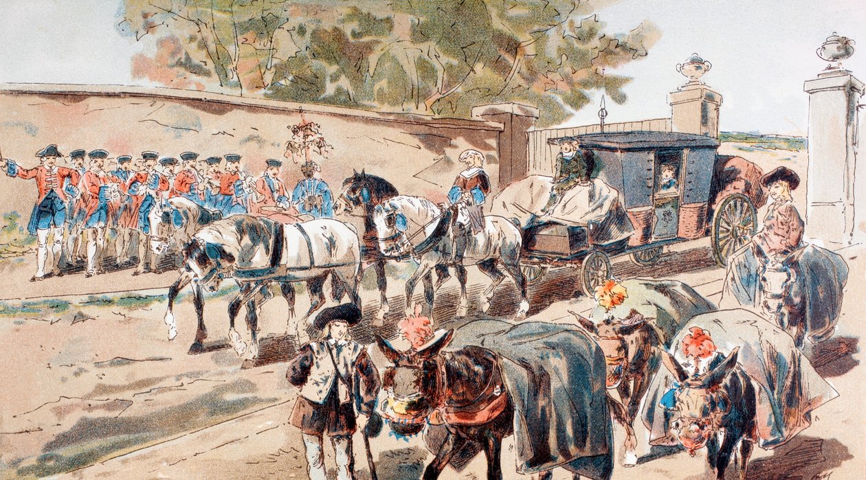 Una carrozza postale che entra in un recinto murato e passa tra una banda e un treno di asini da Armand Jean Heins