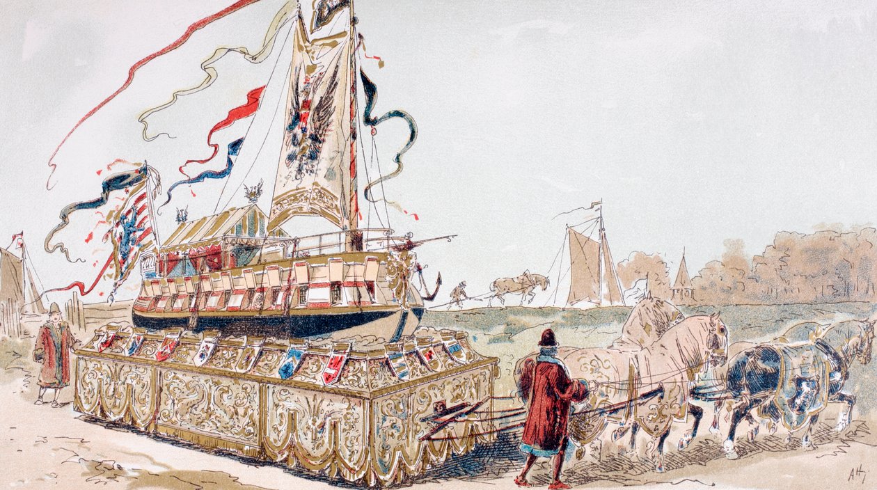 Una chiatta reale trainata da cavalli su un carro verso un canale nel XVI secolo da Armand Jean Heins