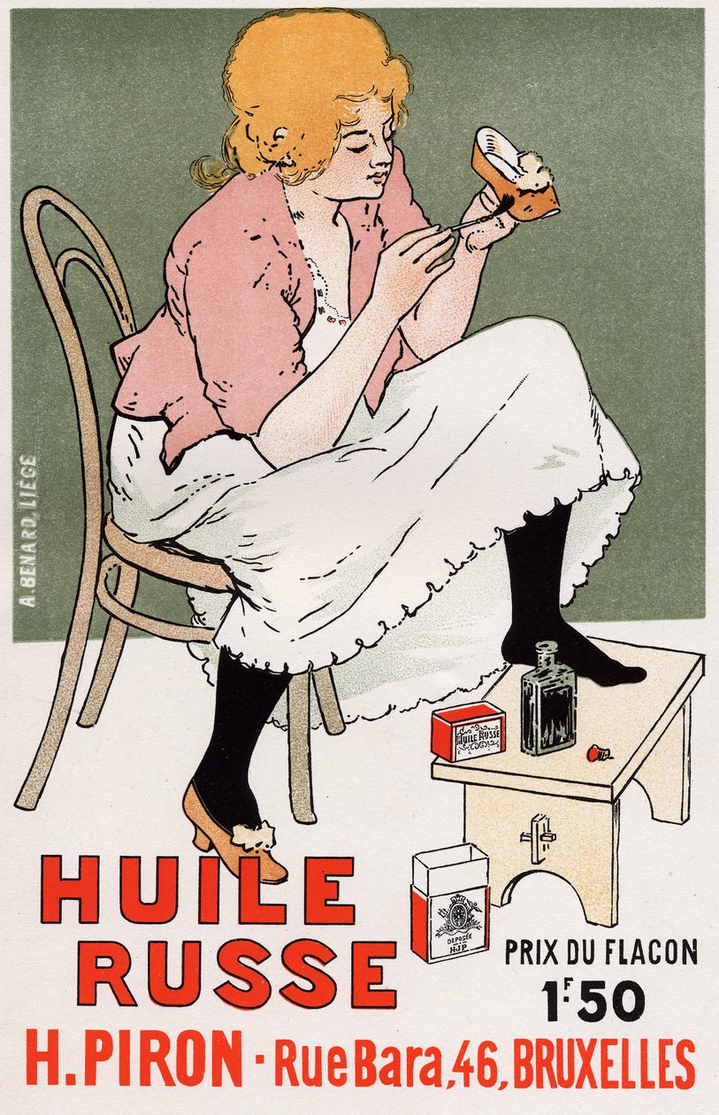Stile di vita. Moda. Olio russo, riparazione di scarpe. Poster di Armand Rassenfosse, Belgio, c.1895 da Armand Rassenfosse