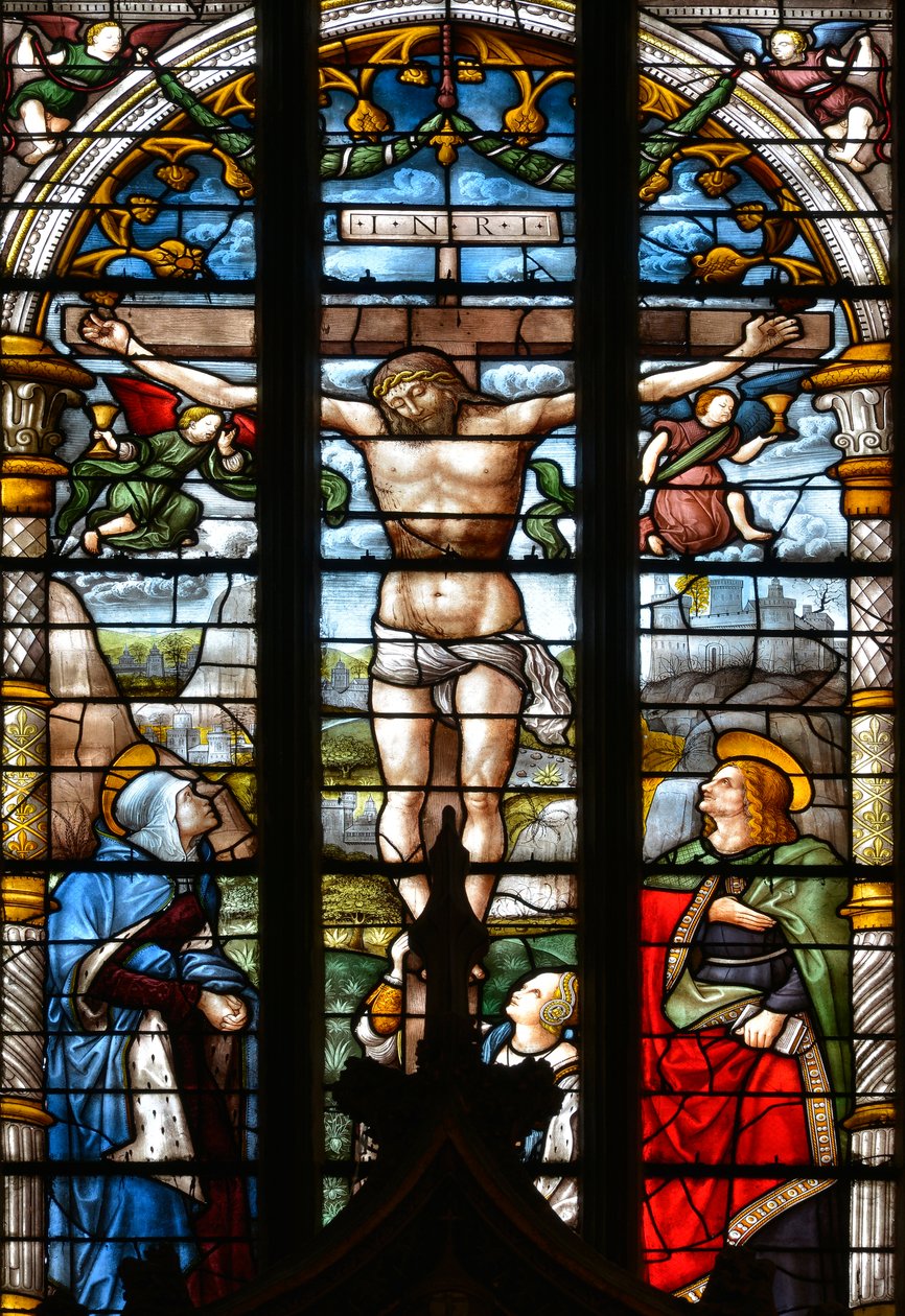 La crocifissione, con la Vergine Maria, San Giovanni e Maria Maddalena ai piedi della croce - Vetrata nella cappella del Santissimo Sacramento, di Arnaud de Moles (1470-1520) completata nel 1513 - Cattedrale Sainte Marie d
