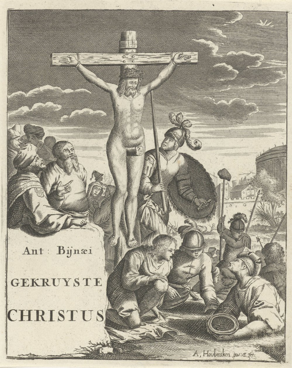 Cristo in croce (pagina del titolo per: A. Bynaeus, Cristo crocifisso, 1725) da Arnold Houbraken