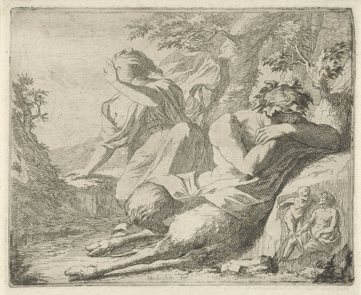 Satiro e figura femminile coprono gli occhi dalla luce del sole Scena di allegorie aperta al servizio di pittori, scultori, ecc. (serie) da Arnold Houbraken