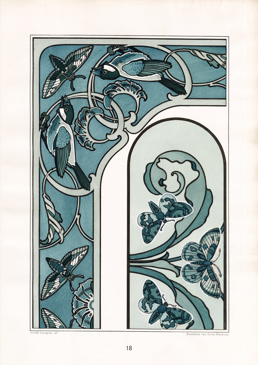 Cornice ornamentale Art Nouveau con uccelli e falene (litografia) da Arnold Lyongrün