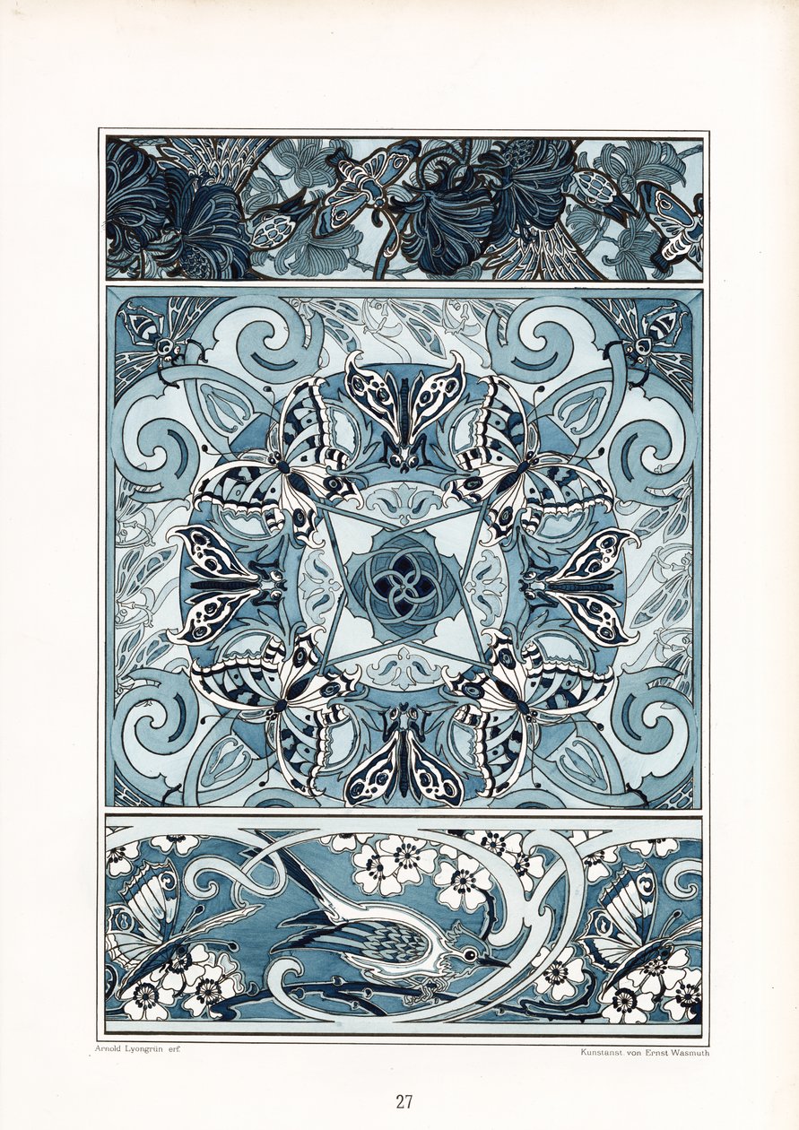 Motivi ornamentali bianchi e blu con farfalle e uccelli (litografia) da Arnold Lyongrün