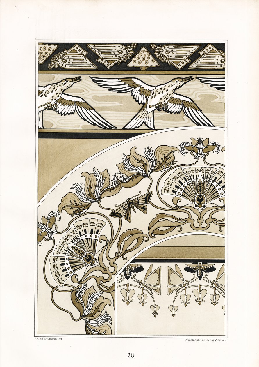 Ornamenti decorativi Art Nouveau con uccelli e motivi a ventaglio (litografia) da Arnold Lyongrün