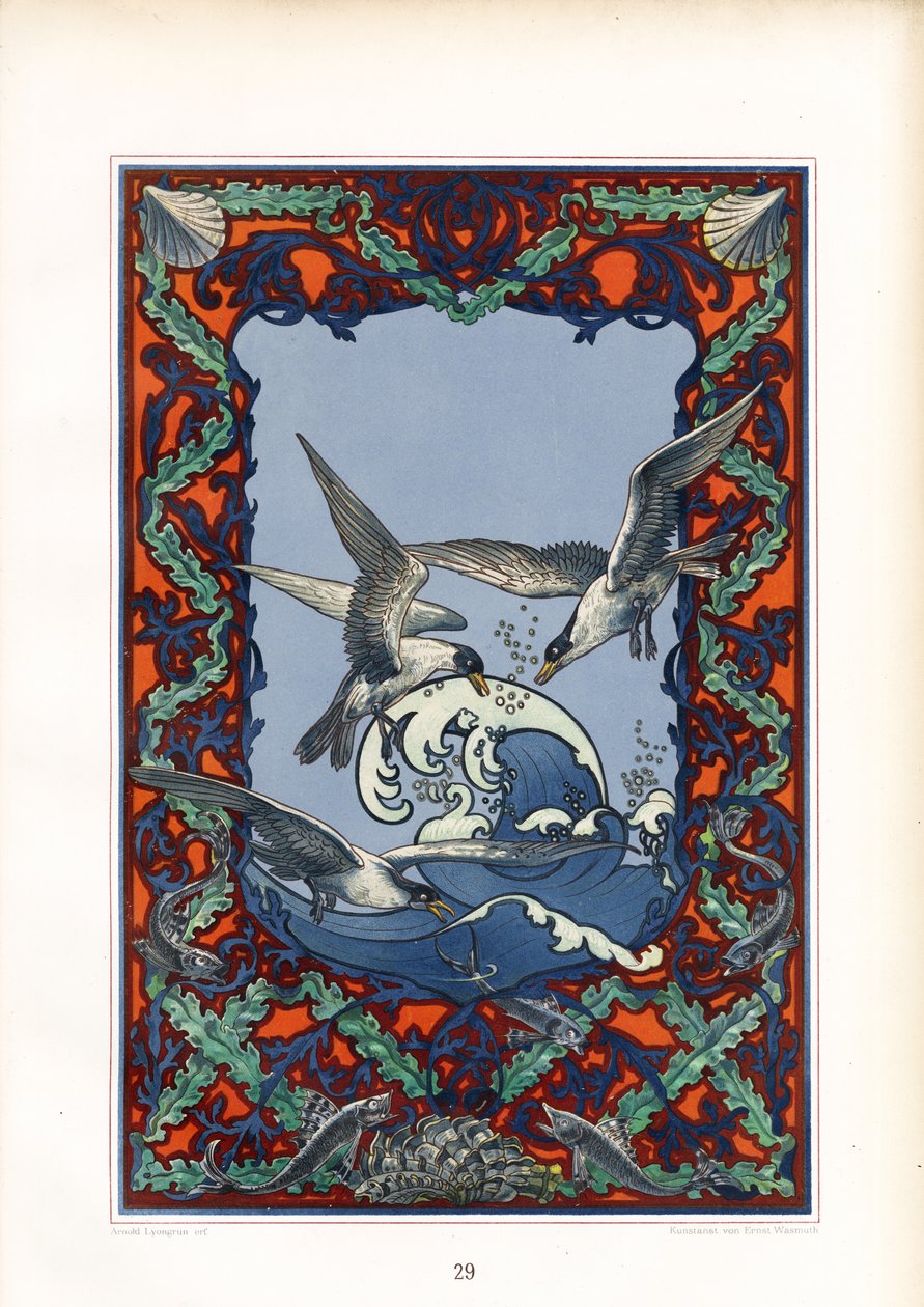 Pannello decorativo marino con gabbiani e onde (litografia) da Arnold Lyongrün