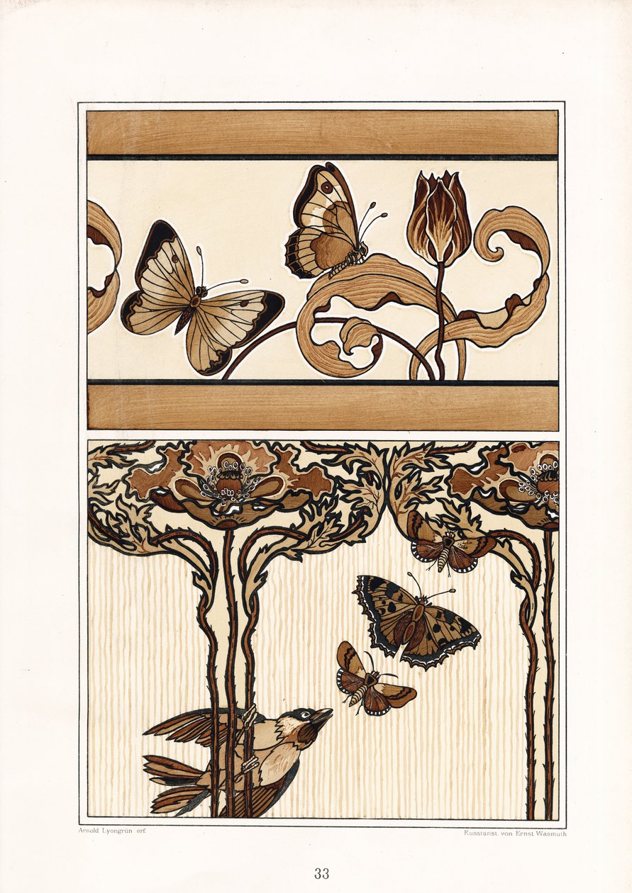 Bande ornamentali floreali con farfalle e tulipani (litografia) da Arnold Lyongrün