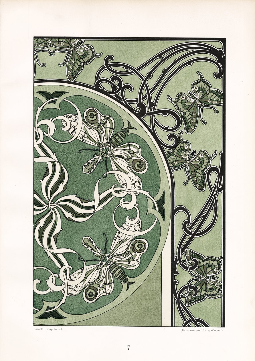 Motivi di insetti in una composizione ornamentale verde (litografia) da Arnold Lyongrün