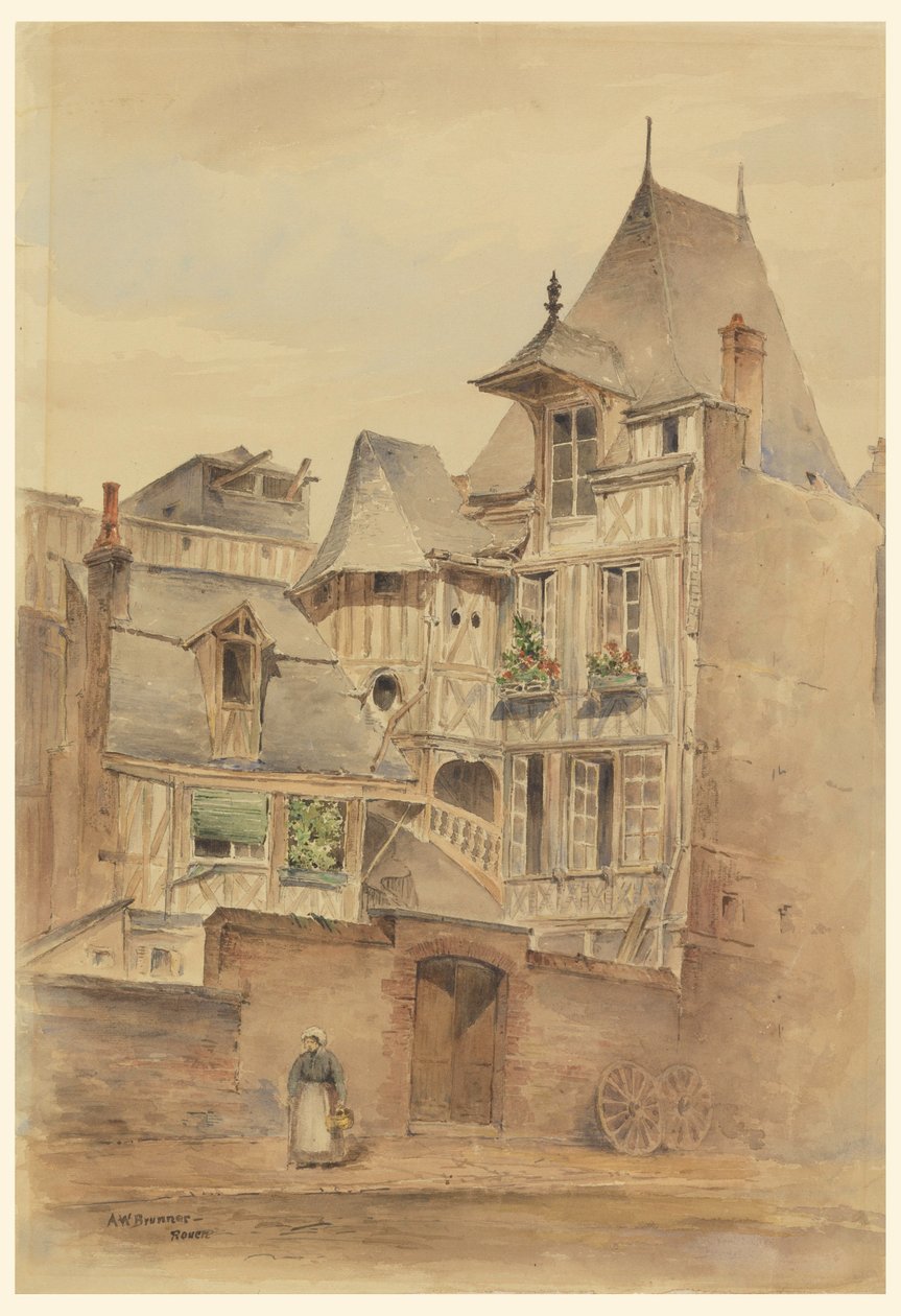 Disegno, Scena di strada con case medievali, 1885 ca. da Arnold William Brunner
