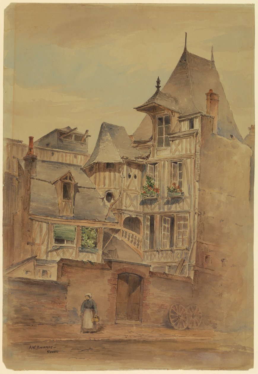 Disegno, Scena di strada con case medievali, 1885 ca. da Arnold William Brunner