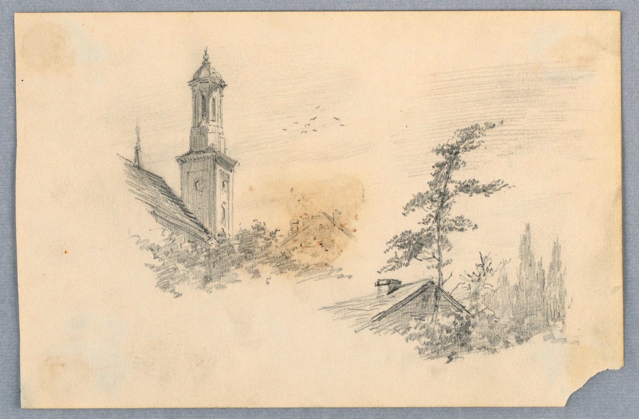 Schizzo di torre della chiesa e tetto da Arnold William Brunner