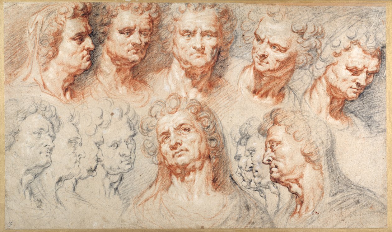 Tredici studi basati su una testa imperiale romana (gessi neri e rossi con inchiostro marrone su carta bianca) da Arnold or Artus the Elder Quellin I