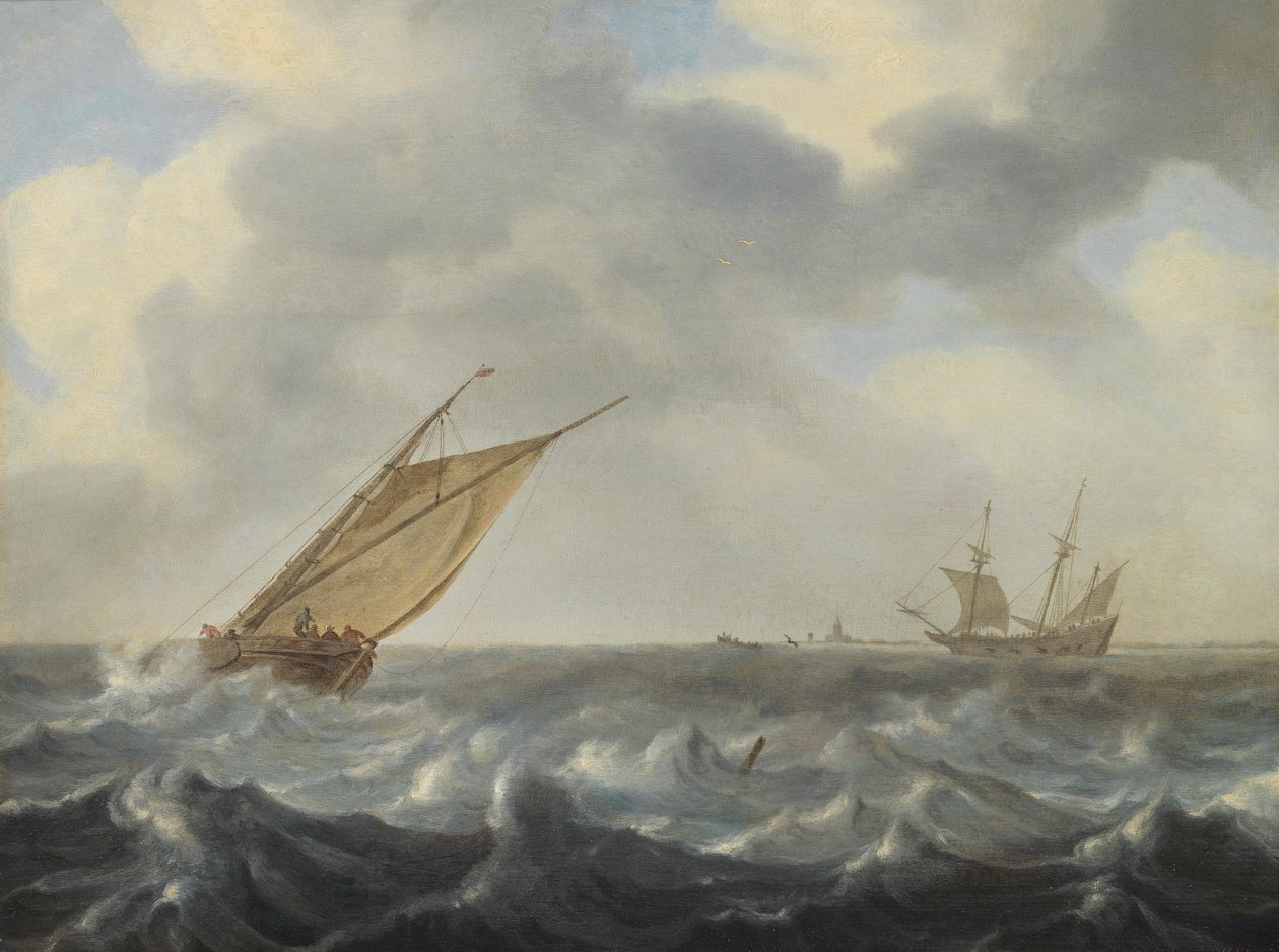 Un peschereccio e una bettolina in un mare agitato vicino alla costa da Arnoldus van Anthonissen