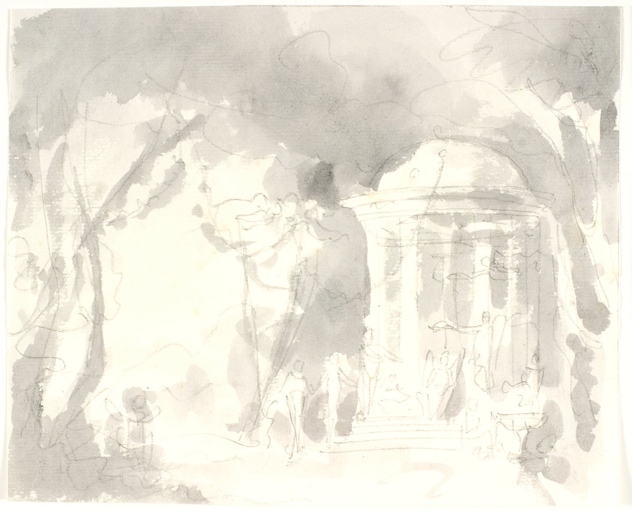 Tempio rotondo con figure alate circondate da alberi da Aron Wallick
