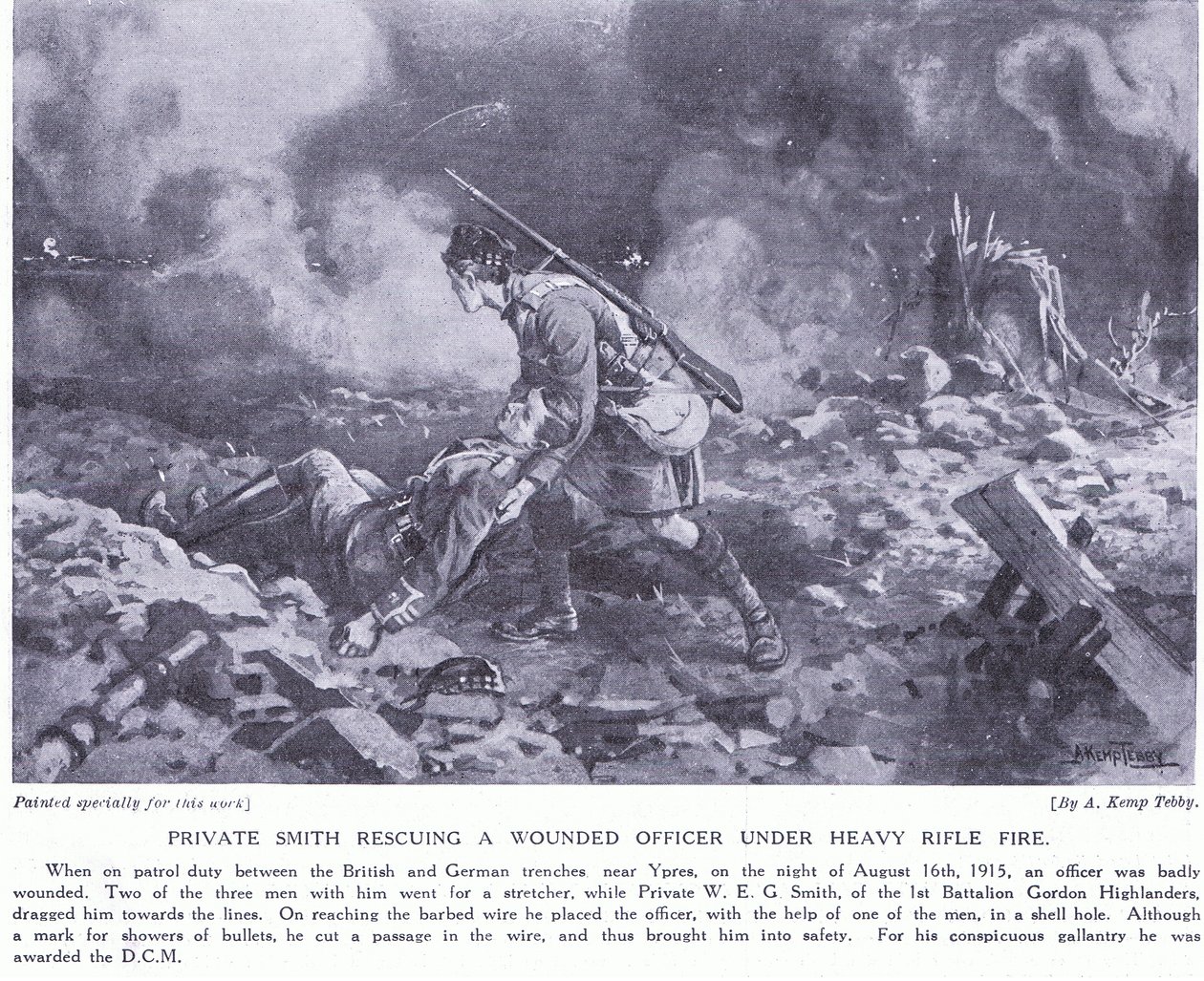 Il soldato Smith che salva un ufficiale ferito sotto pesante fuoco, premiato con DCM Ypres agosto 1915 da Arthur Kemp Tebby