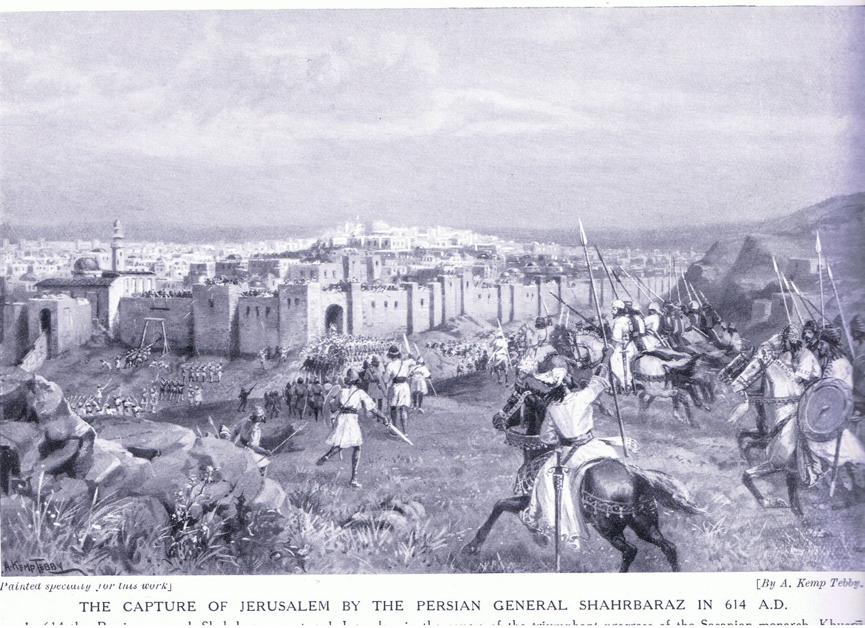 La cattura di Gerusalemme da parte del generale persiano Shahrbaraz nel 614 d.C. da Arthur Kemp Tebby
