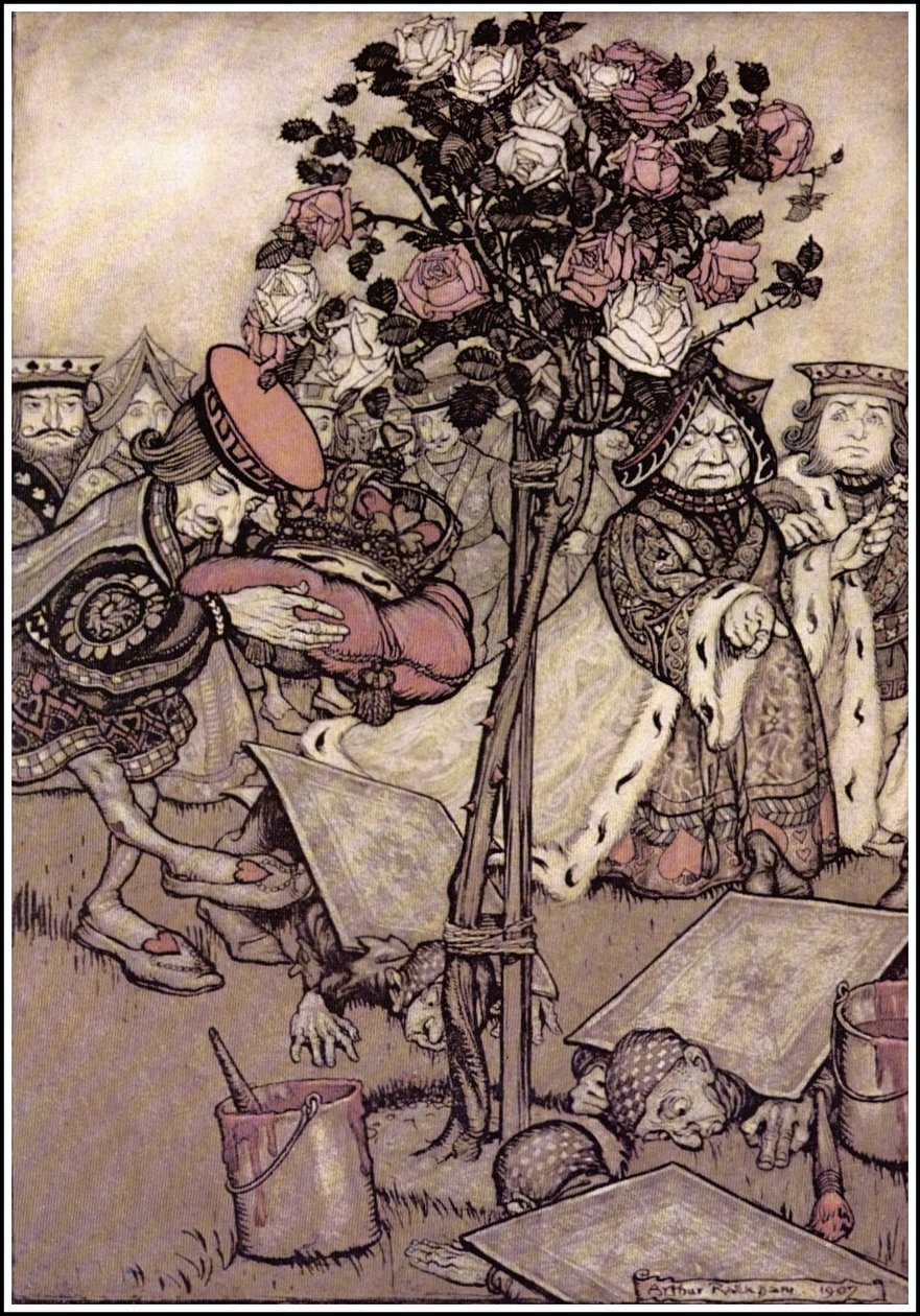 Le avventure di Alice nel Paese delle Meraviglie - La Regina si voltò arrabbiata verso di lui e disse al Fante: Girali. da Arthur Rackham