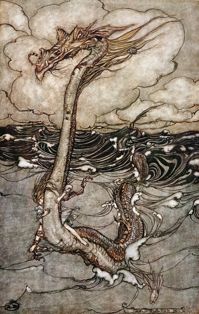 Una giovane ragazza che cavalca un serpente marino, 1904 da Arthur Rackham
