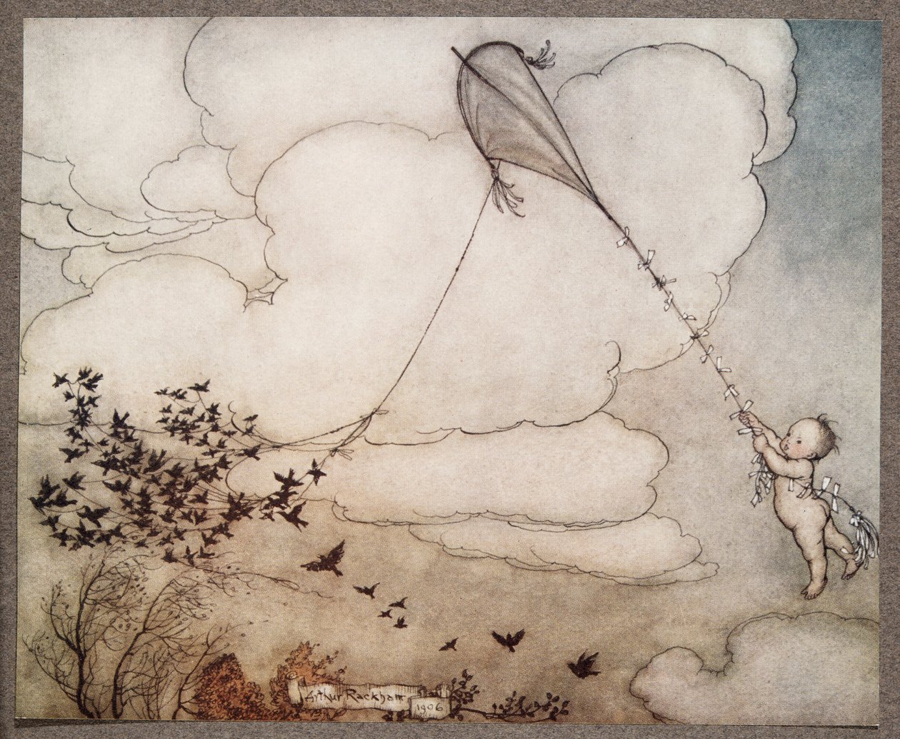 Cento volarono via con la corda, e Peter si aggrappò alla coda, da Peter Pan nei Giardini di Kensington di J M Barrie (1860 - 1937), pub. 1906 da Arthur Rackham