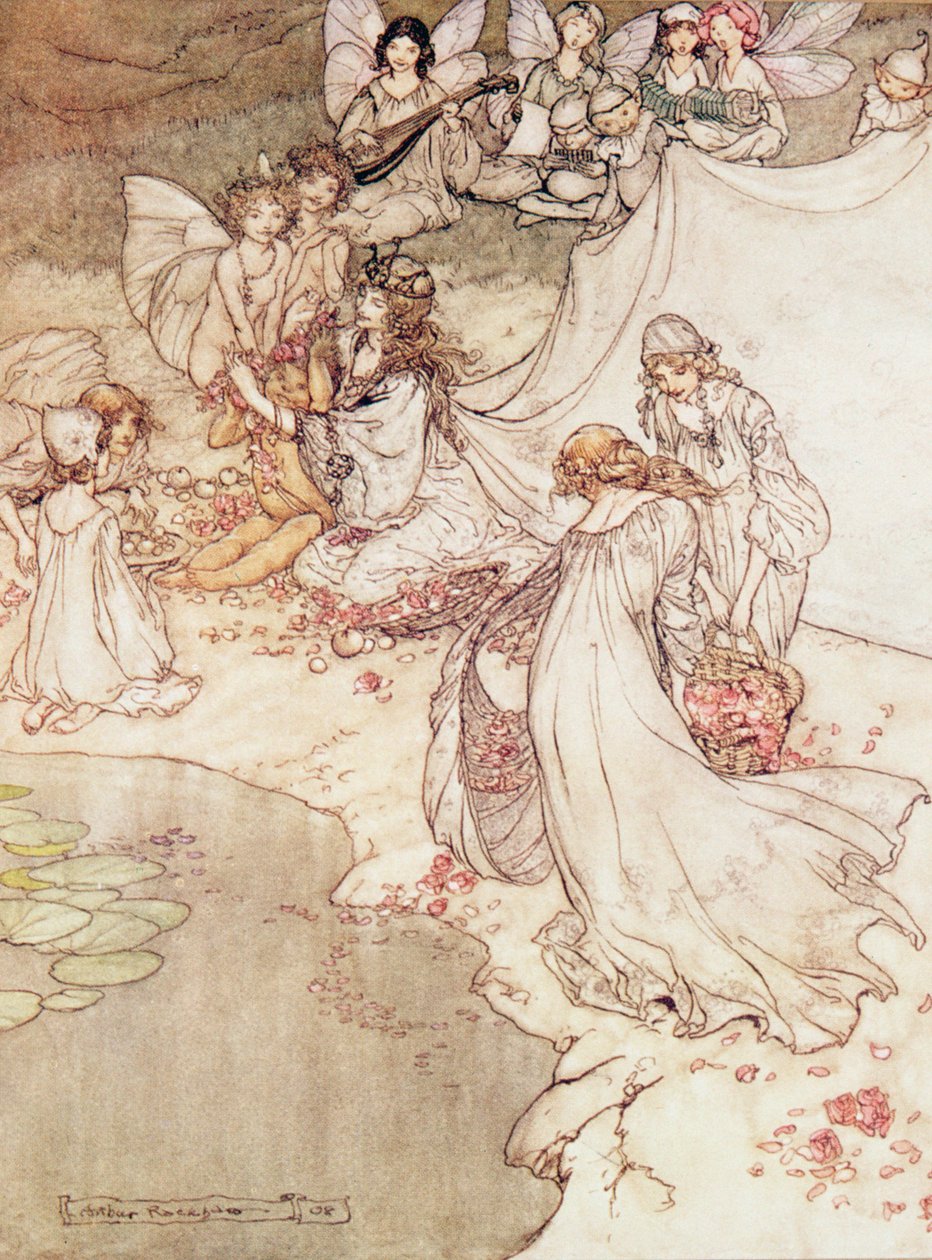 Illustrazione per una fiaba, la Regina delle Fate copre un bambino con fiori da Arthur Rackham