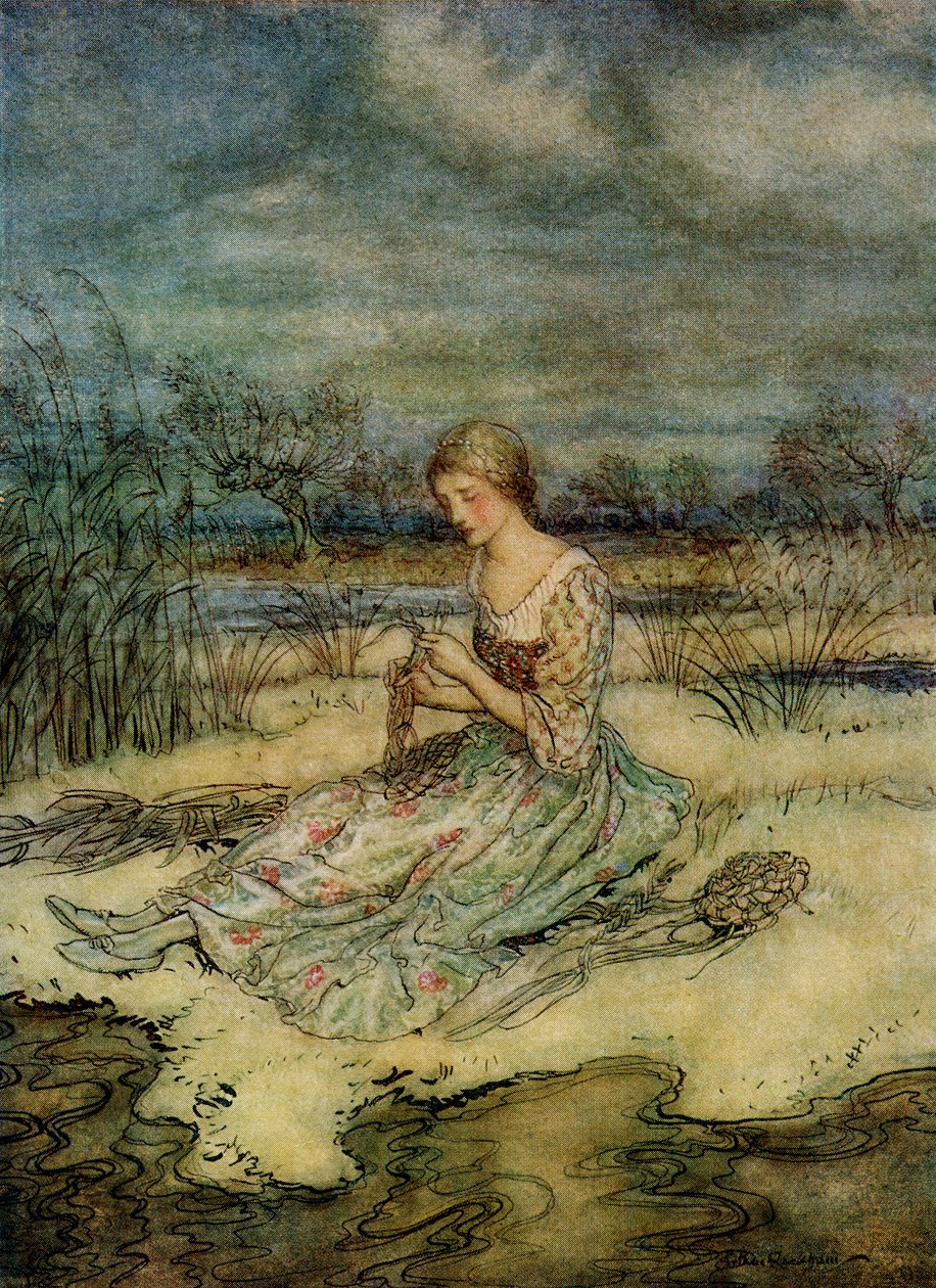Si sedette e si intrecciò un grembiule di giunchi e un cappello abbinato, da Fiabe inglesi raccontate da F.A. Steel, 1927 da Arthur Rackham