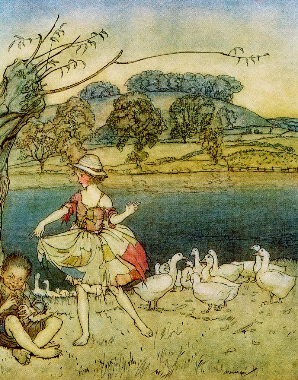 Tattercoats che balla mentre il guardiano delle oche suona, da Fiabe inglesi raccontate da F.A. Steel, 1927 da Arthur Rackham