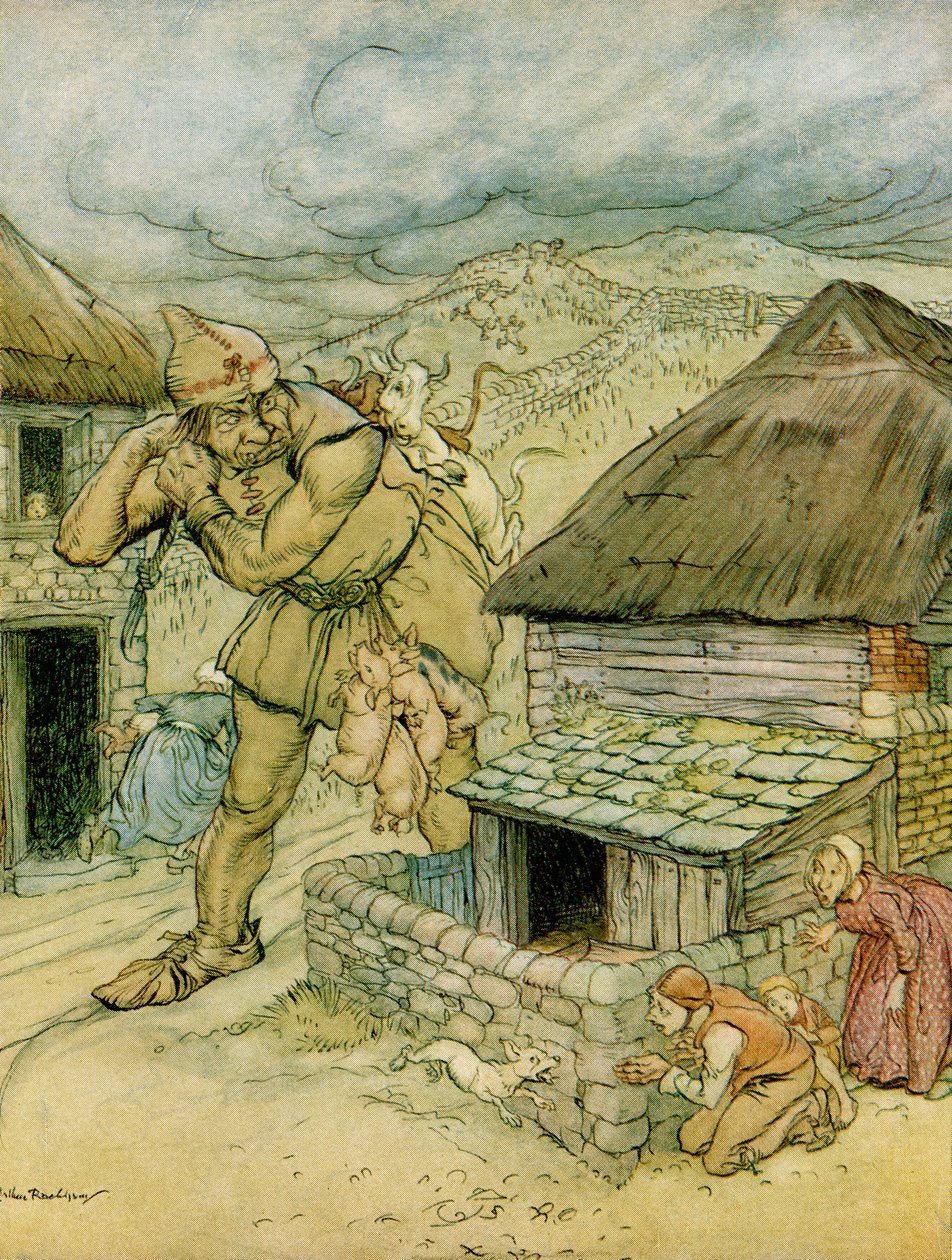 Il gigante Cormoran era il terrore di tutta la campagna, illustrazione a Jack il cacciatore di giganti da Fiabe inglesi raccontate da F.A. Steel, 1927 da Arthur Rackham