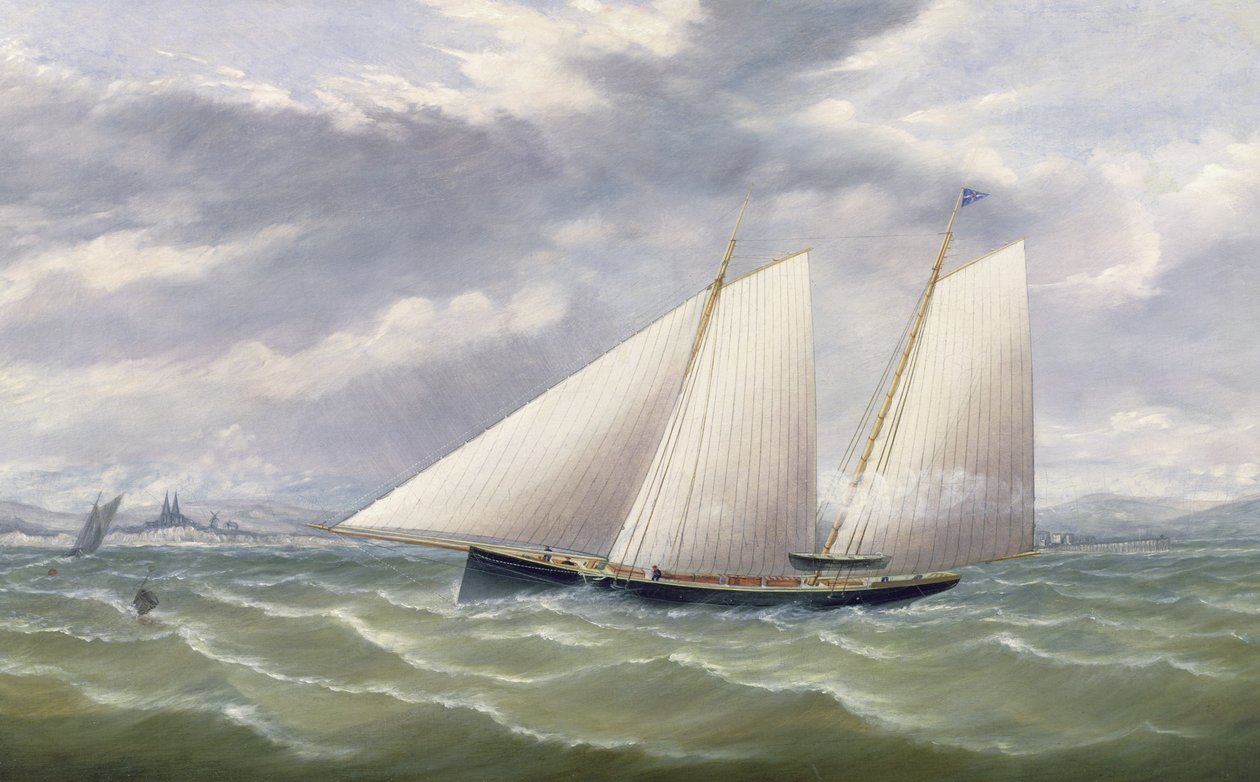 Un cutter in un forte vento che sventola una bandiera del Royal Thames Yacht Club da Arthur Wellington Fowles