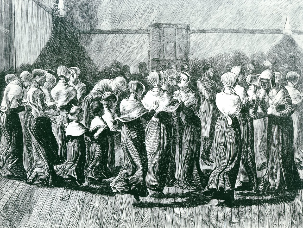 Shakers a un Incontro: la Danza Religiosa, illustrazione da The Graphic, pubblicato il 14 maggio 1870 da Arthur Boyd Houghton