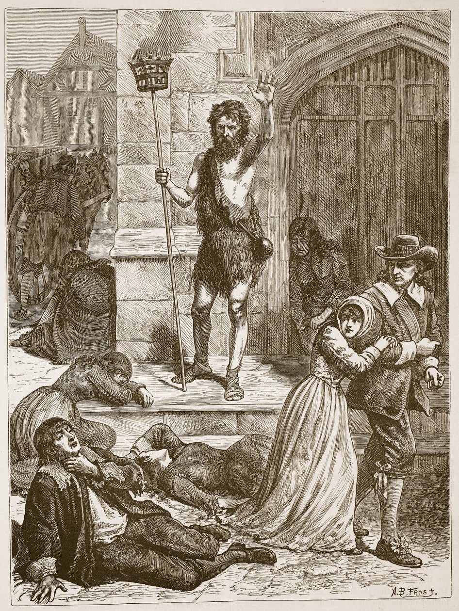 Il maniaco che pronuncia il destino di Londra durante la Grande Peste, illustrazione da 