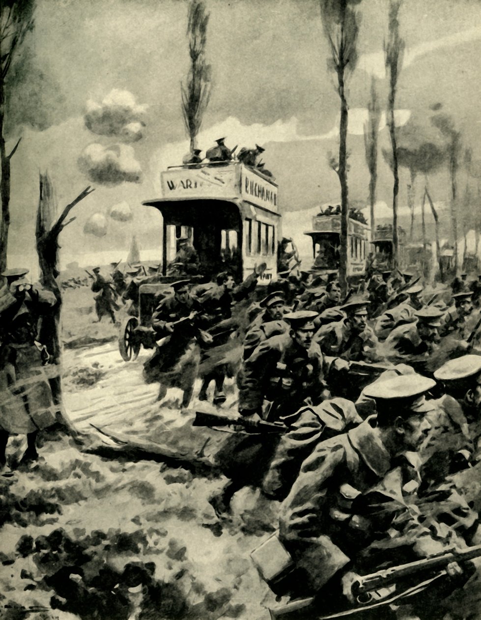 Autobus londinesi usati per trasportare truppe al fronte, Prima Guerra Mondiale, 1914-1918, c1920 da Arthur C. Michael