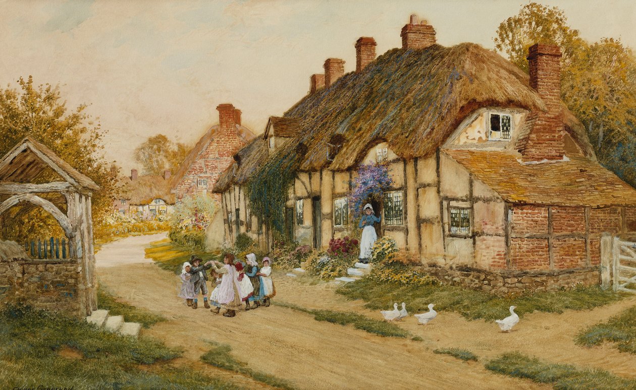 Bambini che giocano fuori da un cottage in un villaggio da Arthur Claude Strachan