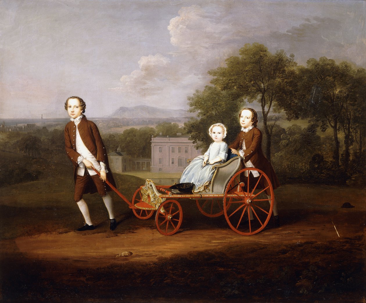 Ritratto di gruppo di tre dei figli di Peter e Mary Du Cane, tutti a figura intera, che giocano con un elaborato carretto per cani, nei giardini di una casa di campagna, 1747 da Arthur Devis