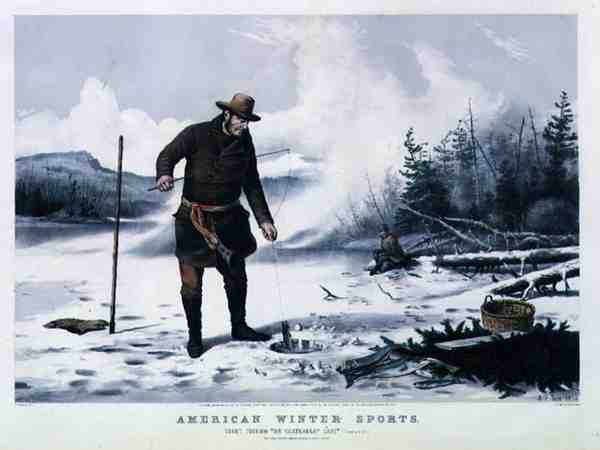 Sport Invernali Americani: Pesca alla Trota sul Lago Chateaugay, pub. da Currier & Ives da Arthur Fitzwilliam (after) Tait