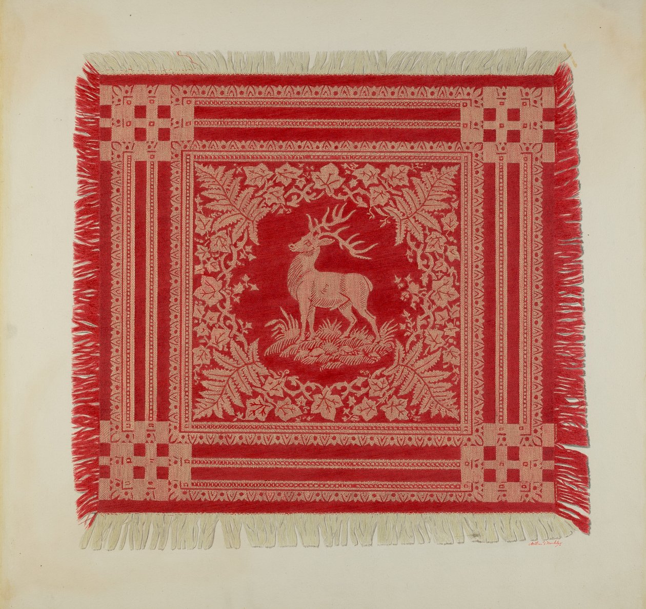 Tovagliolo rosso e bianco (Disegno di cervo) da Arthur G. Merkley