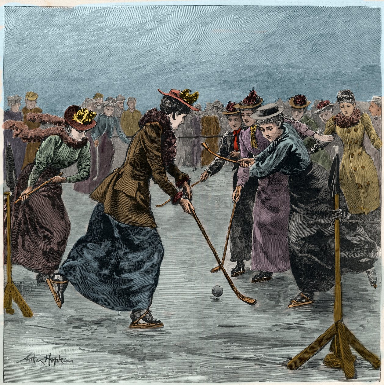 Hockey su ghiaccio: una partita femminile sul lago nel Wimbledon Park. (colorazione successiva). da Arthur Hopkins