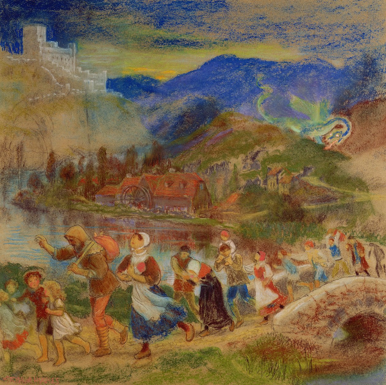 Villagers fleeing from a dragon da Arthur Hughes